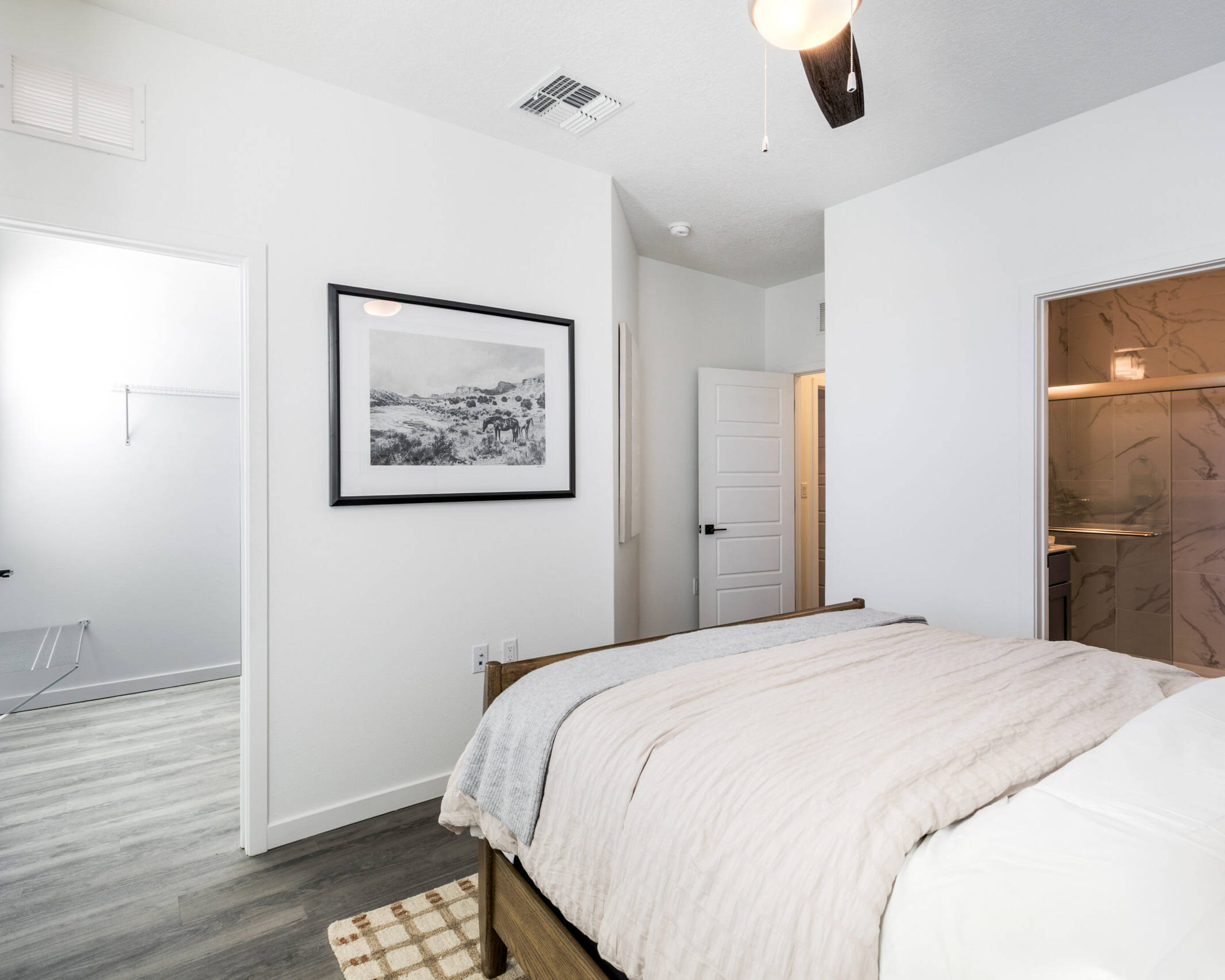 modern bedroom view from bed. walk-in closet on the left and full bath on the right.