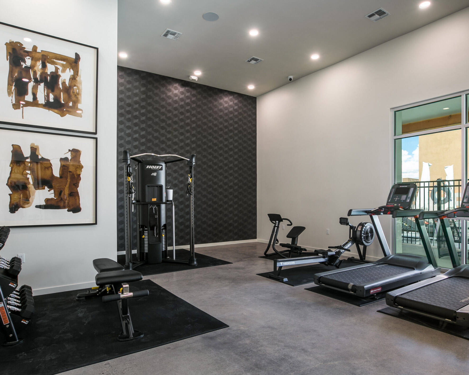 Exercise space equipped with various gym equipment
